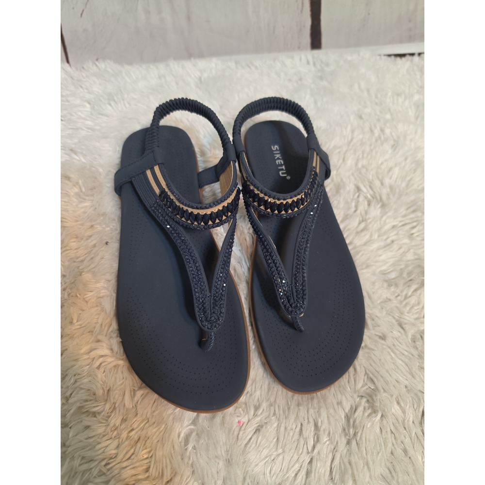 Siketu Blue Thong Sandals Slip On Beaded Comfort Womens EU 39
